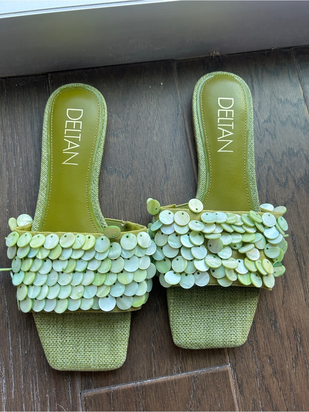 Delta Lime Green Sequin-Embellished Slide Mules- never worn